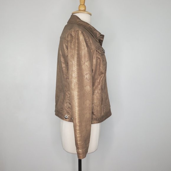 Dressbarn Brown Gold Snakeskin Print Stretchy Bling Buttons Jean Style Jacket M - Picture 7 of 15